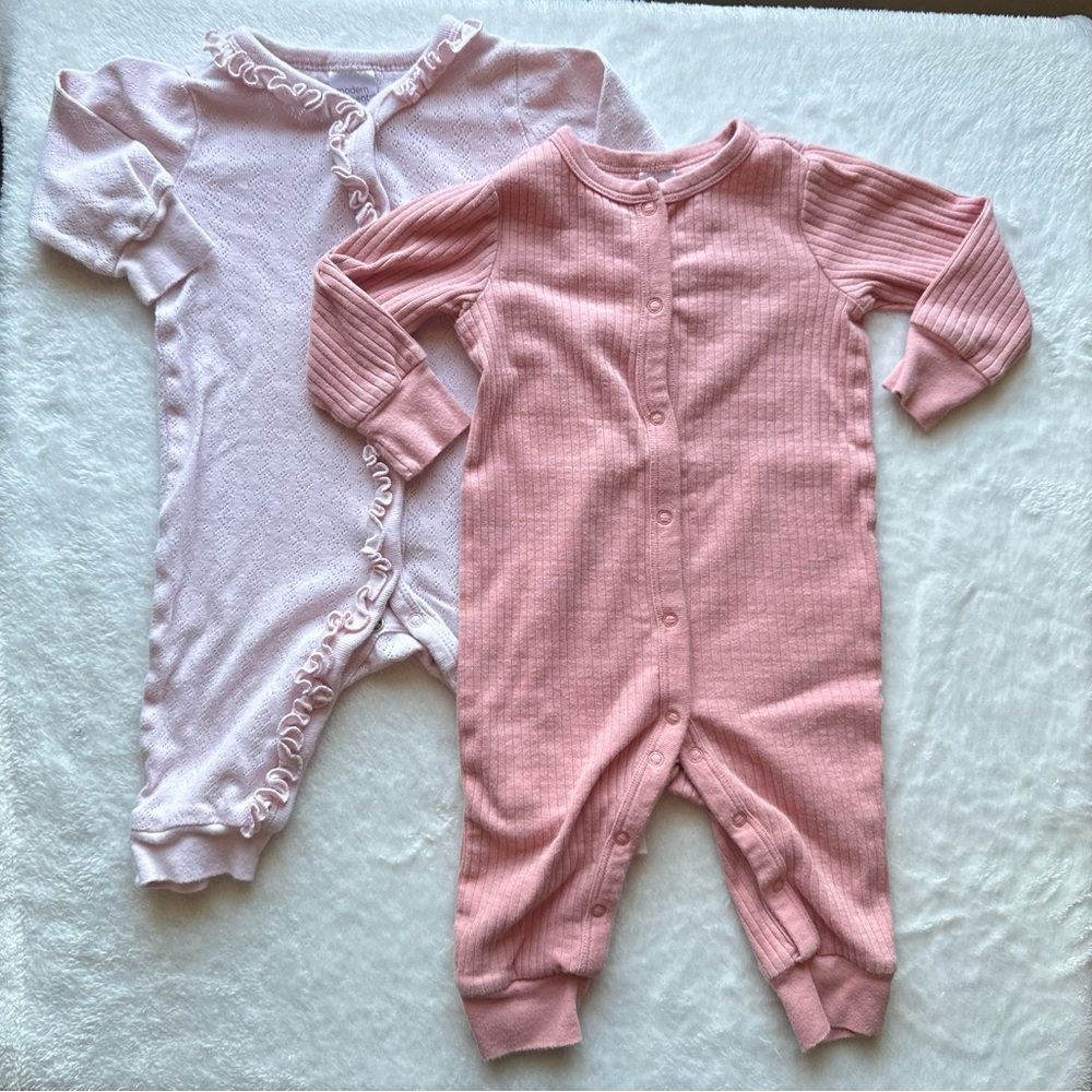 Gerber Two Pack Ribbed Footie One-Pieces in Light Pink and Dusty Rose
